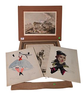 Four Piece Lot, to include a watercolor of a woman dancing the Can Can, signed in pencil Keith Martin, 1937; a watercolor portrait signed Gloria Flore