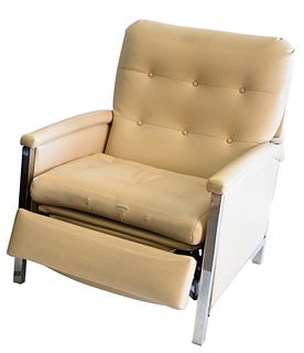 Mid Century Reclining Chair, having chrome frame with almond leather upholstery, height 32 inches, width 27 inches.
