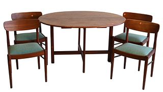 S Chrobat for Sax Scandinavian Teak Bistro Set, having four chairs and petite oval top table, table height 28.5 inches, top of table 39" x 51".