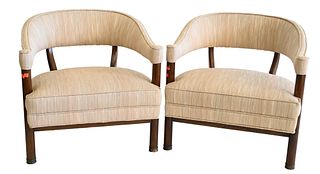Pair of Mid Century Modern Club Chairs, having open arm and back with brass cap feet, height 26 inches, width 27 inches.