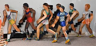 Timothy Woodman (American, 1952 - 2018), foot race, 1983, oil on aluminum in three parts, overall 26" x 95" x 4".
