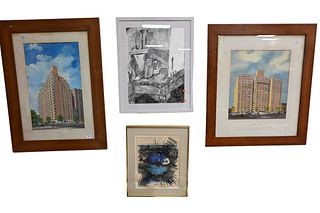Group of Four Framed Pieces of Art, to include charcoal on paper; tabletop still life; lithograph signed in pencil illegibly 123/190; gouache of Grego