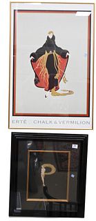 Three Framed Erte Pieces, to include framed print on silk depicting letter P from alphabet suite; Brook Street Gallery Poster; and Chalk and Vermilion