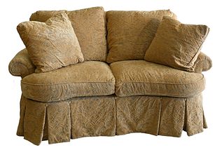 Pair of Century Furniture, custom upholstered loveseats having loose pillows, height 38 inches, length 72 inches.
