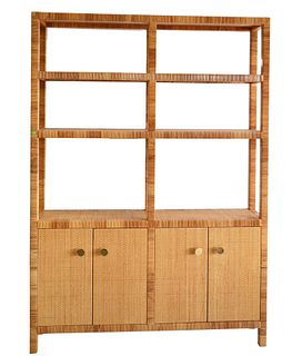 Bielecky Brothers Rattan and Cane Double Etagere Chest, having three shelves over four doors, height 90 inches, width 64 inches.