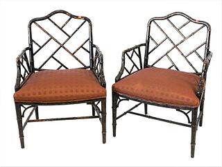 Five Piece Lot, to include faux bamboo arm chairs with faux bamboo finish, along with contemporary glass top coffee table, iron asian figure holding f