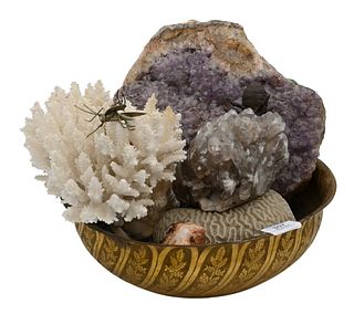 Decorative Bowl, along with assorted items to include amethyst, quartz, iron pyrite, coral, and metal bugs, height 4 inches, diameter 14 inches.