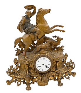French Figural Mantle Clock, having deer hunt with rider on a horse and a dog chasing a deer, dial marked Sanenr, back of clock marked P.H. Mouray 69'