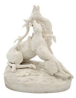Bisque Porcelain Stag or Elk, being taken down by a dog, (repaired), height 10.75 inches,