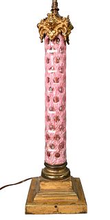 French Art Glass Collunar Table Lamp, having pink and white shaft, 6 cut to clear with bronze mounts, height 32 inches.