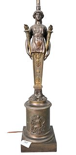 Classical Bronze Standing Figure, holding two torches on round pedestal base, made into a table lamp, height 31 inches.