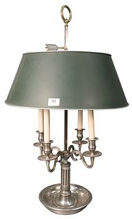 Large Bouillotte Silvered Table Lamp, having four arms with adjustable green tole shade.