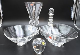 Five Piece Steuben Group, to include two large bowls, a vase, decanter and an apple, tallest 12 inches.