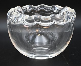 Large Steuben Glass Bowl, having ripple top rim, signed Steuben on bottom, height 6 1/4 inches, diameter 8 3/4 inches.