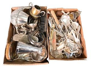 Tray Lot of Silver Plate and Sterling Silver, to include some handles, mirrors and sterling silver brushes.