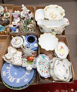 Five Tray Lots of Porcelain Serving Pieces, to include three Boehm birds, Bernardaud bowls, Wedgewood, etc.