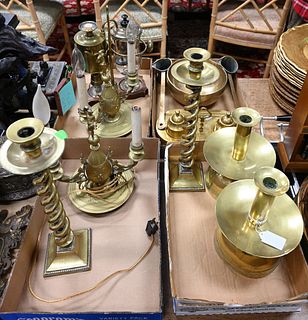 Assorted Brass Grouping, to include pair of Victorian brass figural candelabras, having partially clad figure finial with two arms each electrified, t