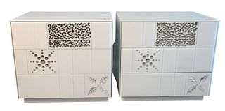 Pair of Arte Veneziana Purity Contemporary Stands, having artistic geometric mirrored Murano glass engravings on white glass, with three drawers all r