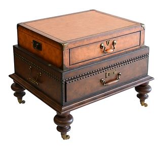 Contemporary Coffee Table, in the style of two faux suitcases with two drawers, height 24.5 inches, top 22" x 27".