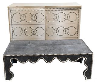 Two Piece Lot, to include a contemporary two door server and a coffee table, both fabric wrapped with rivets, chest height 38 inches, top 20" x 47".