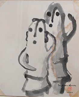 Seiroku Noma (Japanese, 1902-1966), Haniwa (Double Figure), ink and watercolor on paper, signed and dated and inscribed with the artists chop mark low