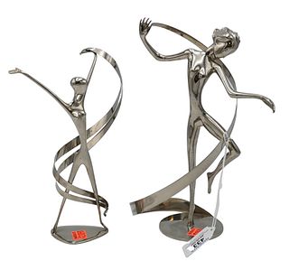 Two Franz Hagenauer (Austrian, 1906 - 1986), chrome sculptures of dancers with ribbons, marked bottom with Hagenauer Wien, height 10 1/5 inches and 9 