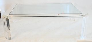 Lucite Glass Coffee Table, rectangle having inset glass with lucite base possibly Karl Springer, chipped glass, height 16 inches, top 36" x 54".
