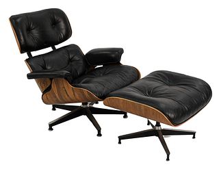 Herman Miller Rosewood Eames Lounge Chair and Ottoman, model 670, black leather, Herman Miller label on bottom with inspection tag.