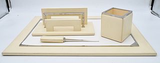 Scully and Scully Italian Cream Leather and Chrome Four-Piece Desk Set, 16 1/2" x 23 3/4".