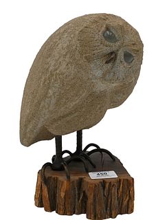 Lou Rankin (1929 - 2016), stone sculpture of an owl on iron legs, mounted on wood base and glass eyes, signed L. Rankin 63 on bottom, height 11 1/4 in