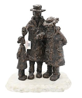 Large Figural Bronze, three generations, grandfather, father and son, on stone base signed illegibly on back, marked IV/VI, height 16 inches.