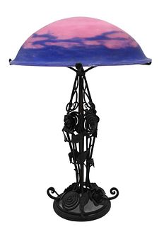 Muller Fres Luneville Table Lamp, having blue and pink art glass shade on metal base, height 18.5 inches, diameter 14 inches.