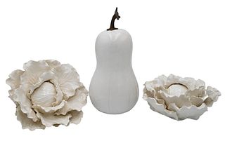 Jean-Paul Gourdon (b. 1956), white glazed ceramic cauliflower along with another white glazed cauliflower that is unsigned (repaired), and an eggplant