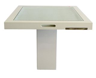 Enrique Garcel Style Games Table, in white lacquer with glass top over four pull out slides on single pedestal, no stamped marks or signatures found, 
