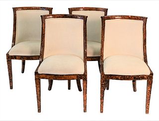 Set of Four Side Chairs, having tortoise shell veneered frames with upholstered seats and backs, (slight chips), height 35 inches.