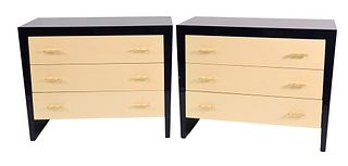 Pair of Safavieh Couture Arielle Lacquered Chests, design # SFV3508A, heavy two tone navy and cream with faux bamboo handles, height 36 inches, top 24