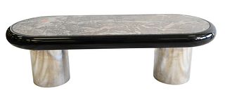 Oblong Coffee Table, having granite and black lacquered top on round chrome base, height 13.5 inches, top 18" x 47".