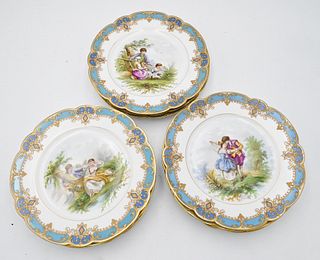 Set of Eleven Sevres Plates, two with chips, diameter 9 1/2 inches.