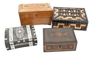 Group of Four Boxes, to include quill box, inlaid tea box,  copper inlaid box, along with a small dome top box; quill box height 2 3/4 inches, top 6 1