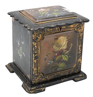 Papier Mache Vanity Box, having painted flowers, lift top opening, and silk fitted interior, door opening to three drawers, height 7 1/4 inches.