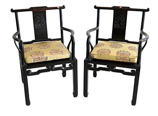 Pair of Decorative Chinese Occasional Chairs, having silk upholstered seat.