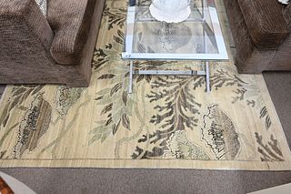 Custom Carpet, with tan ground and floral motif signed illegibly, 6’ 6” x 10’ 6”.
