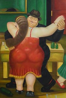 After Fernando Botero (b. 1932), couple dancing, oil on canvas, unsigned, 41" x 28".