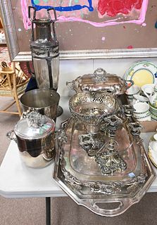 Assorted Silver Plate Group, to include ice buckets, trays, tureens, vase, etc.