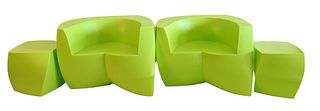 Four Piece Set of Heller The Frank Gehry Furniture Collection, model 1020, with matching ottomans, height 25 inches, width 37 inches.