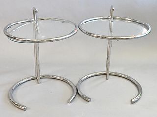 Pair of Eileen Gray Modern Chrome and Glass Side Tables, adjustable height, height 21 inches, diameter 20 inches.
