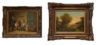 Two Dutch Paintings, interior Dutch scene of men smoking pipes, oil on board, signed lower left illegibly, 12" x 16"; Dutch landscape with castle and 