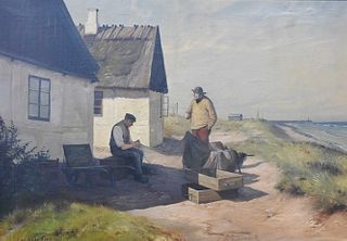 Carl-Soderberg, Also Known As Niels Walseth (1914-2001), Danish landscape sewing a fishing net, oil on canvas, signed lower left Carl Soderberg, 27" x