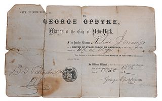 Stagecoach License, 1863, issued by the City of New York, ink on paper (paper is torn and folded), 8 1/4" x 13 1/2".