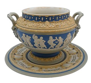 Mettlach Double Handled Punch Bowl, with underplate having dancing figures, marked 2087, diameter 15.5 inches, height 10 inches.